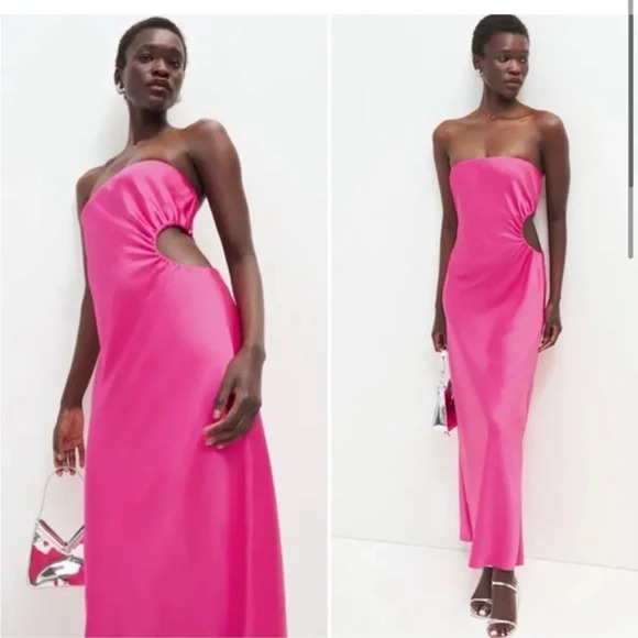 NWT Reformation Nevaeh Satin Strapless Maxi Dress Flambe Pink Women's Size Large - Picture 2 of 6